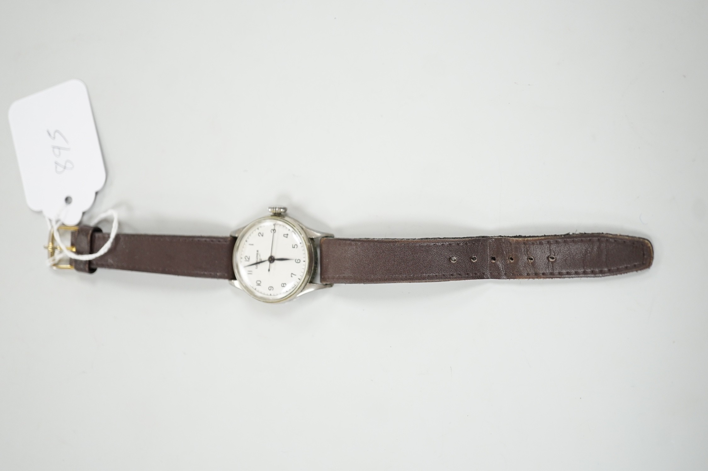 A gentleman's 1940's? steel Longines manual wind wrist watch, movement c.12.68N, case diameter 32mm, on later leather strap.